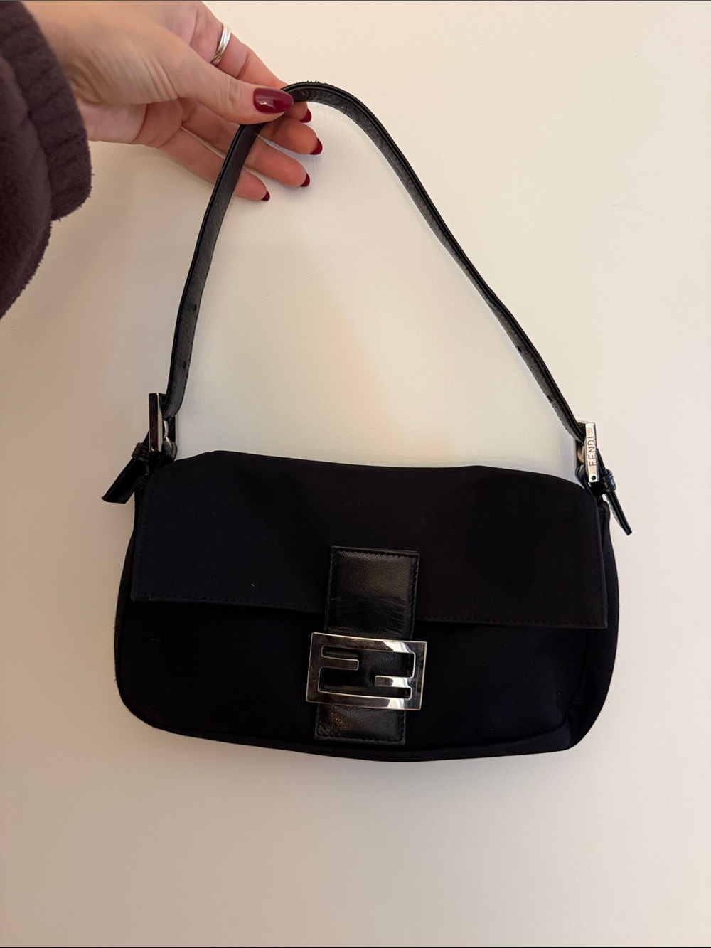 Vintage Fendi Black Shoulder Baguette Bag with Silver-Tone Logo Buckle